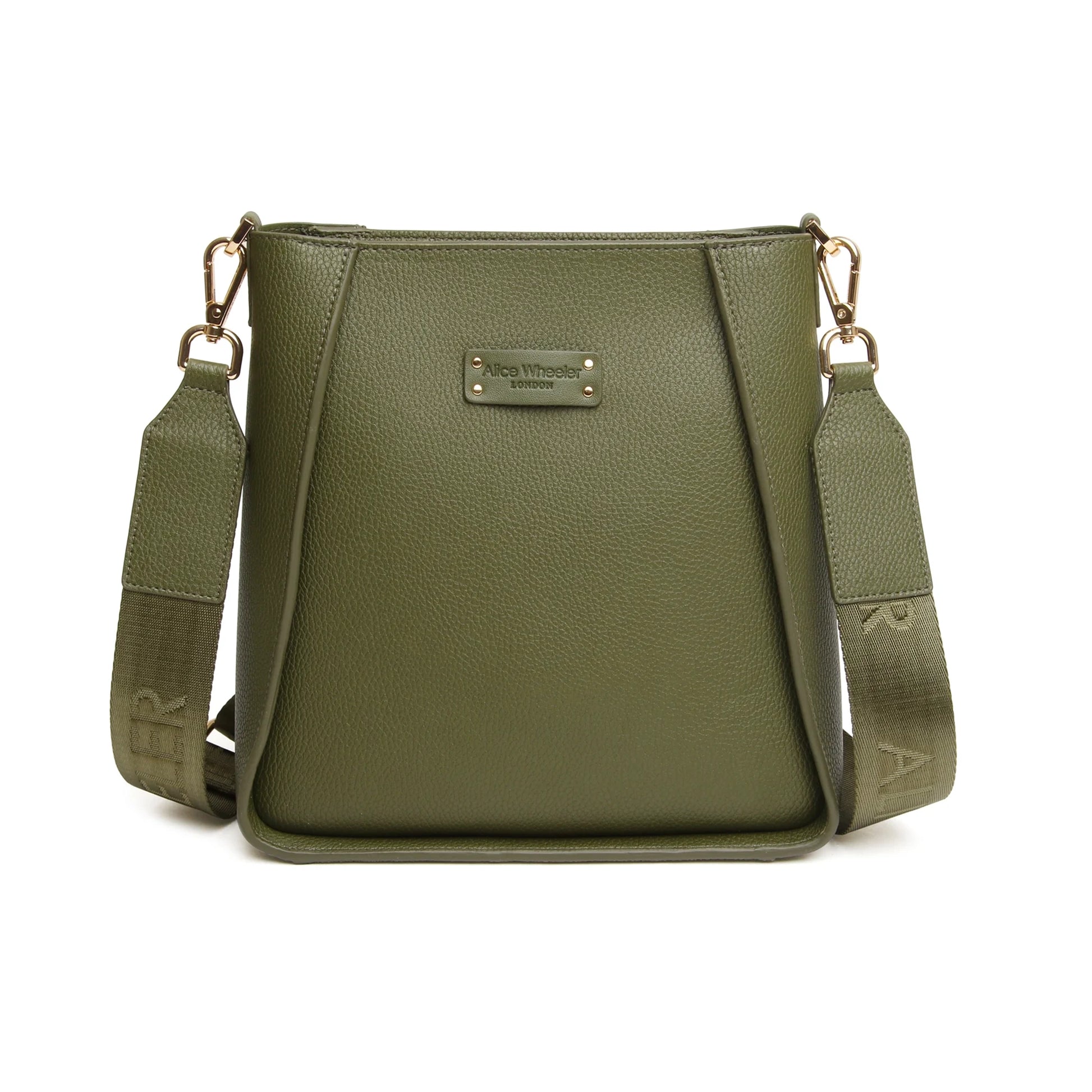 Olive green crossbody bag with canvas strap featuring the Alice Wheeler logo in a repeat pattern