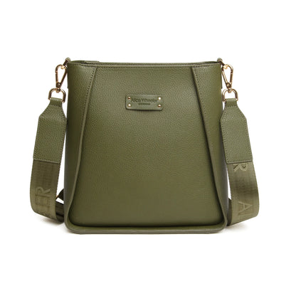 Olive green crossbody bag with canvas strap featuring the Alice Wheeler logo in a repeat pattern