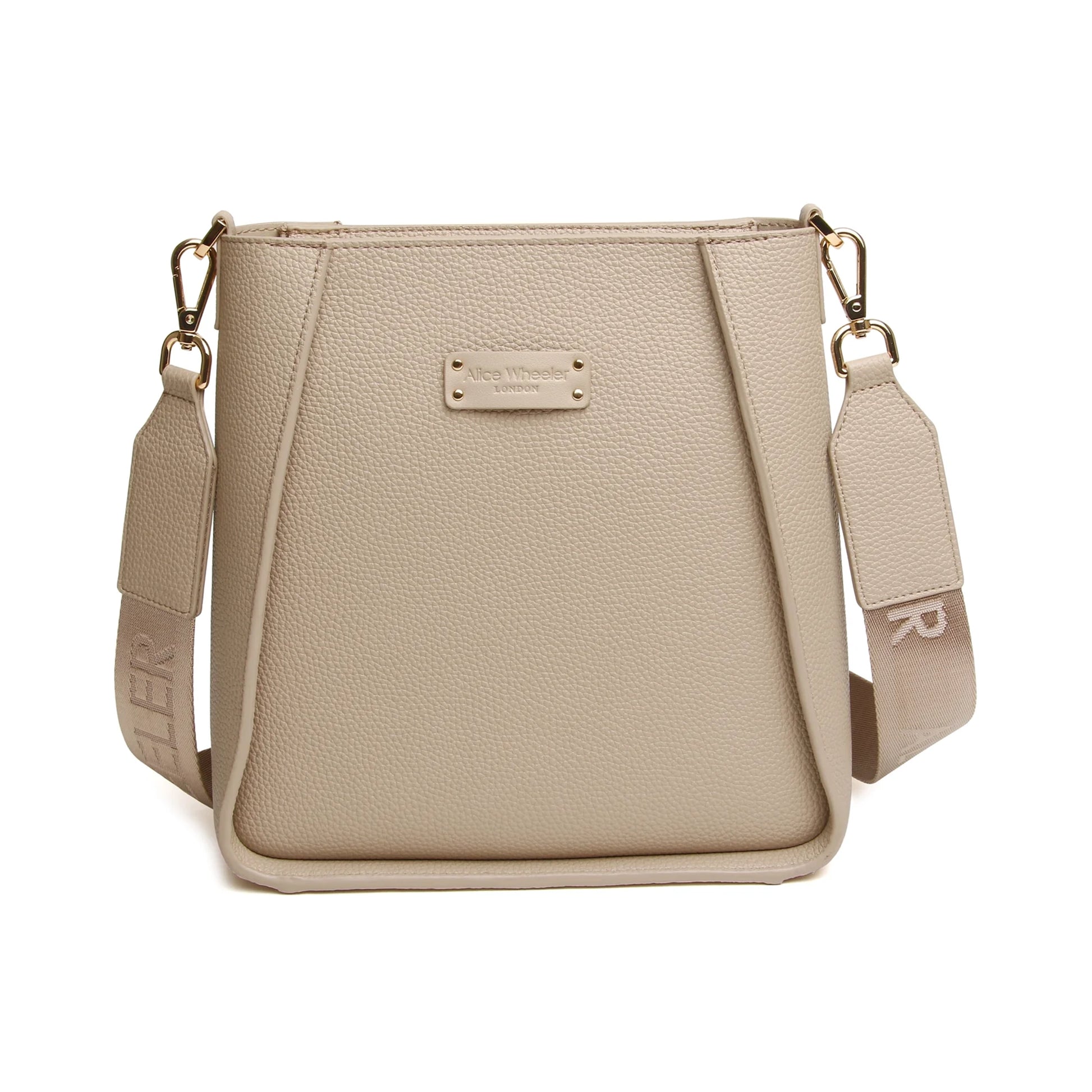 Stone crossbody bag with canvas strap featuring the Alice Wheeler logo in a repeat pattern