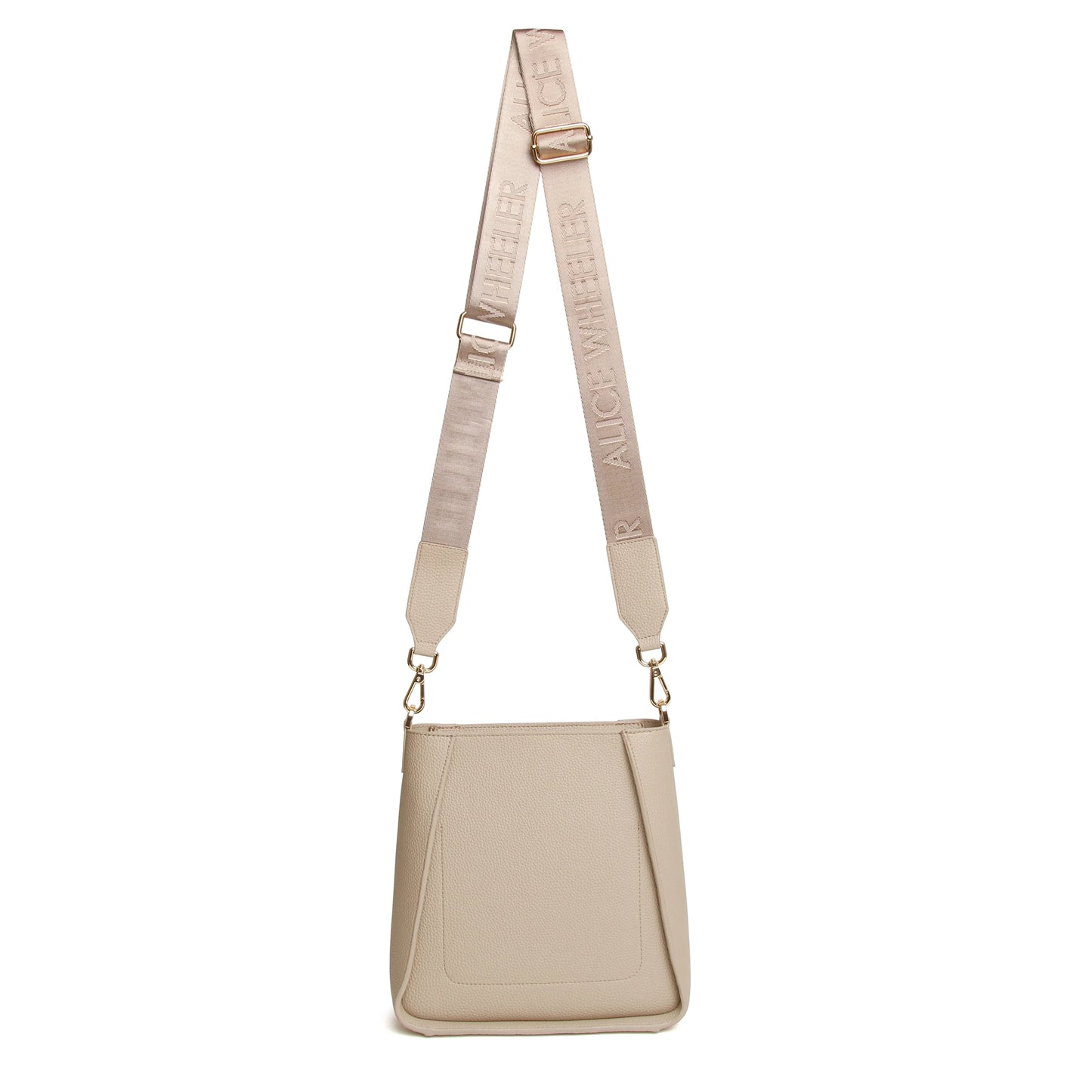 Back of stone crossbody bag with canvas strap featuring the Alice Wheeler logo in a repeat pattern