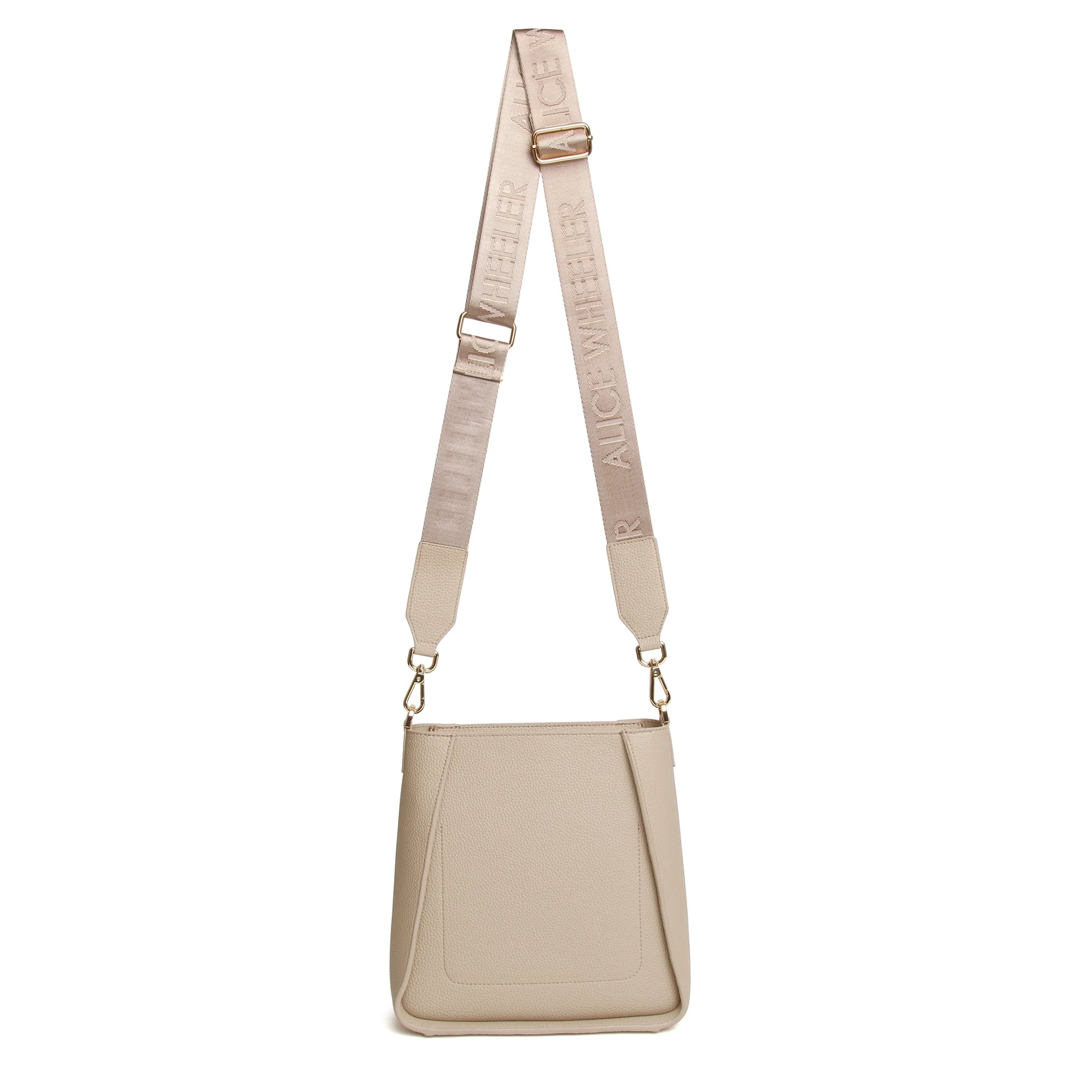 Back of stone crossbody bag with canvas strap featuring the Alice Wheeler logo in a repeat pattern