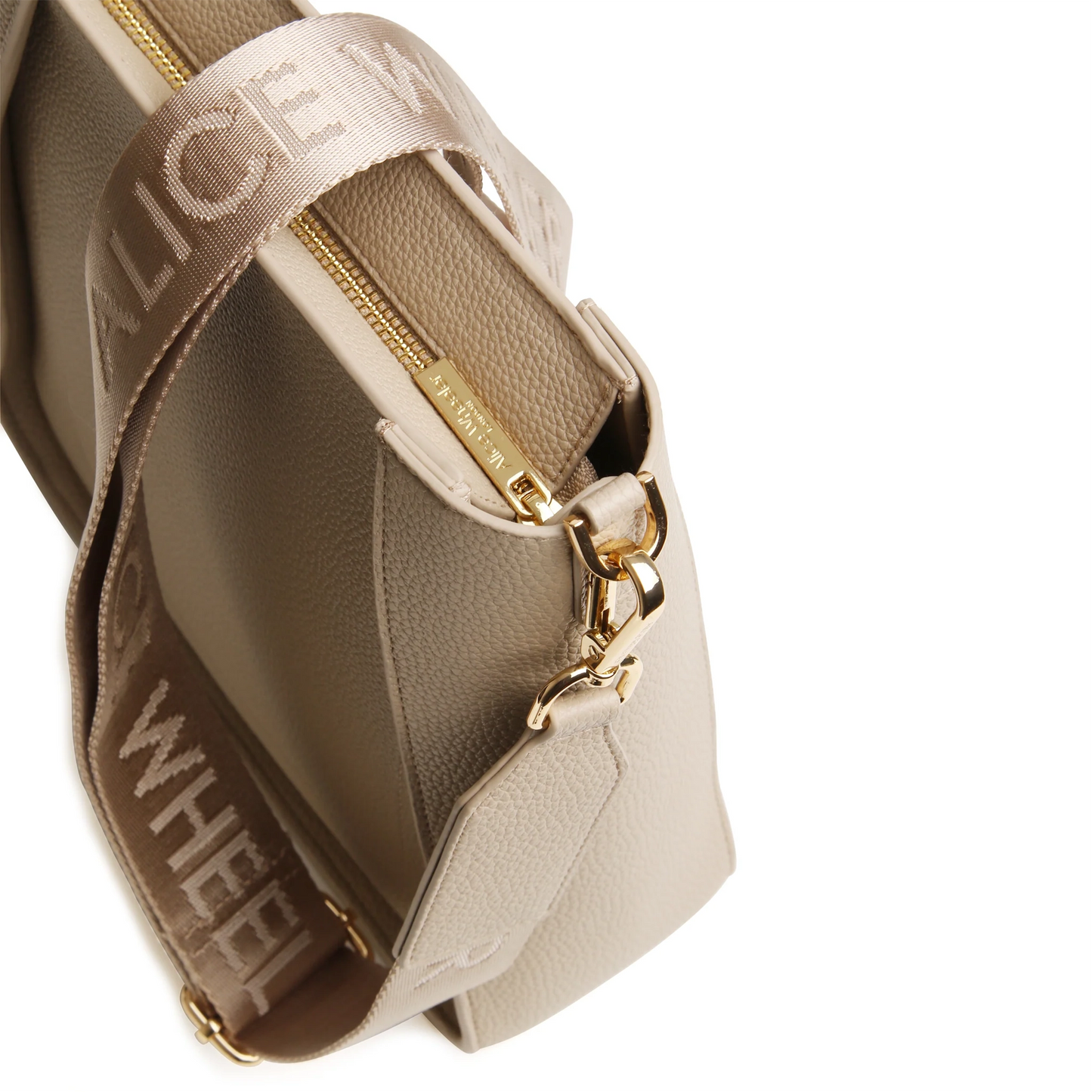 Stone crossbody bag with canvas strap featuring the Alice Wheeler logo in a repeat pattern and gold zip