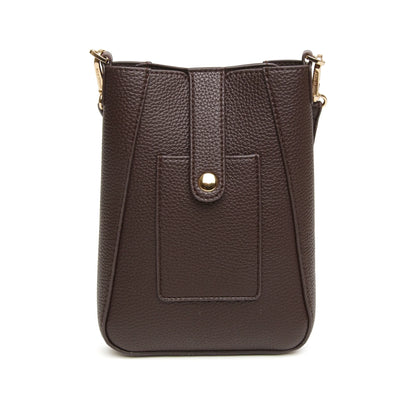 Brown colour phone crossbody bag in faux leather with flap over button closure and card pocket