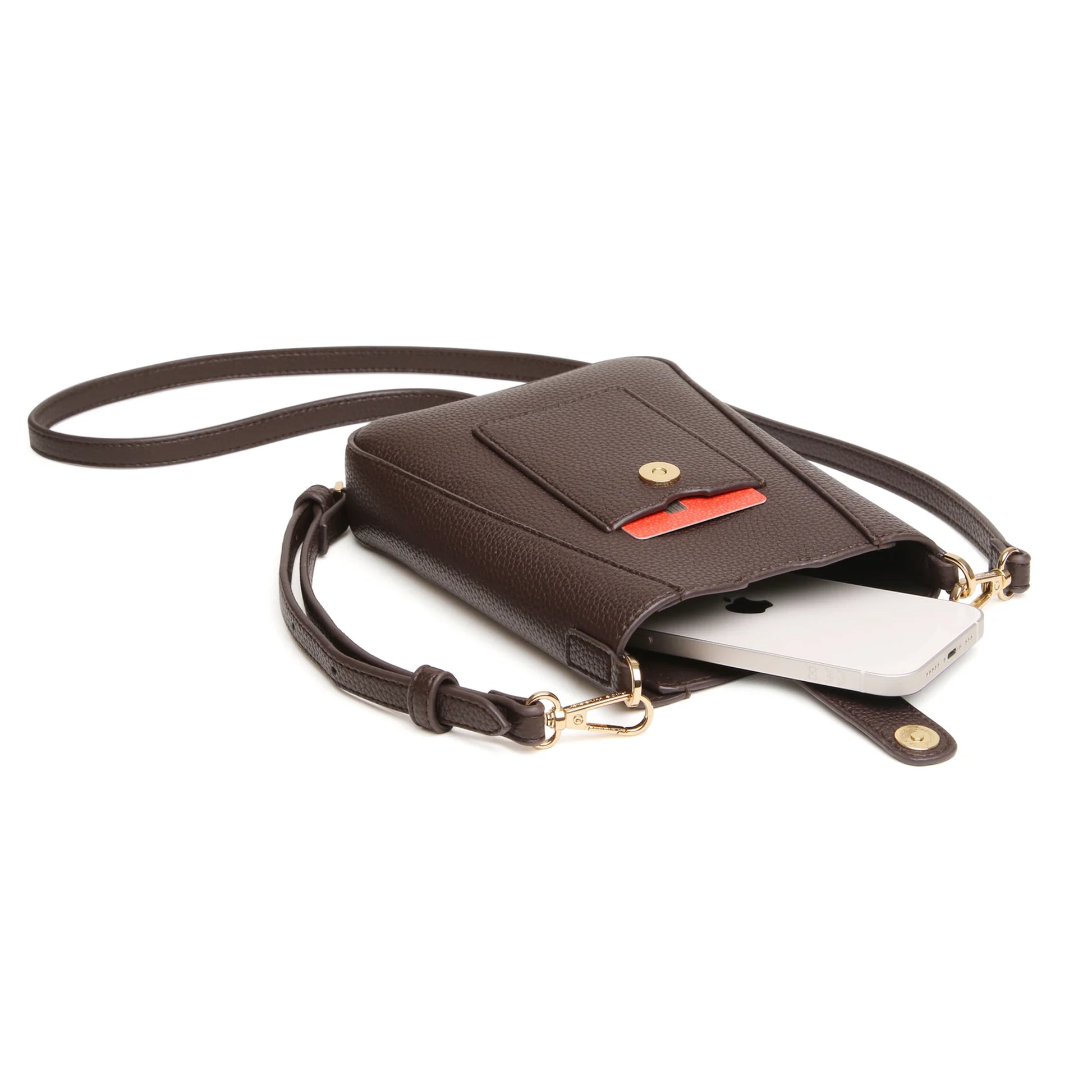 Open brown colour phone crossbody bag in faux leather with card and phone slot