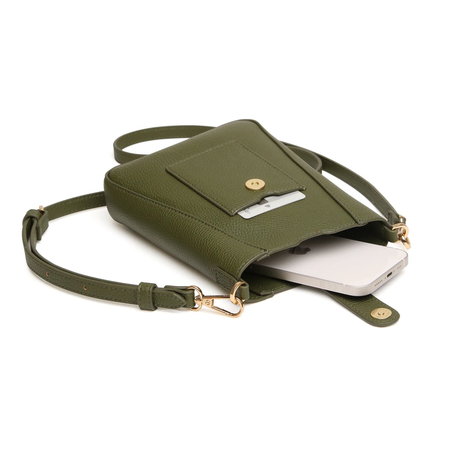 Olive green colour phone crossbody bag in faux leather with flap over button closure and card pocket