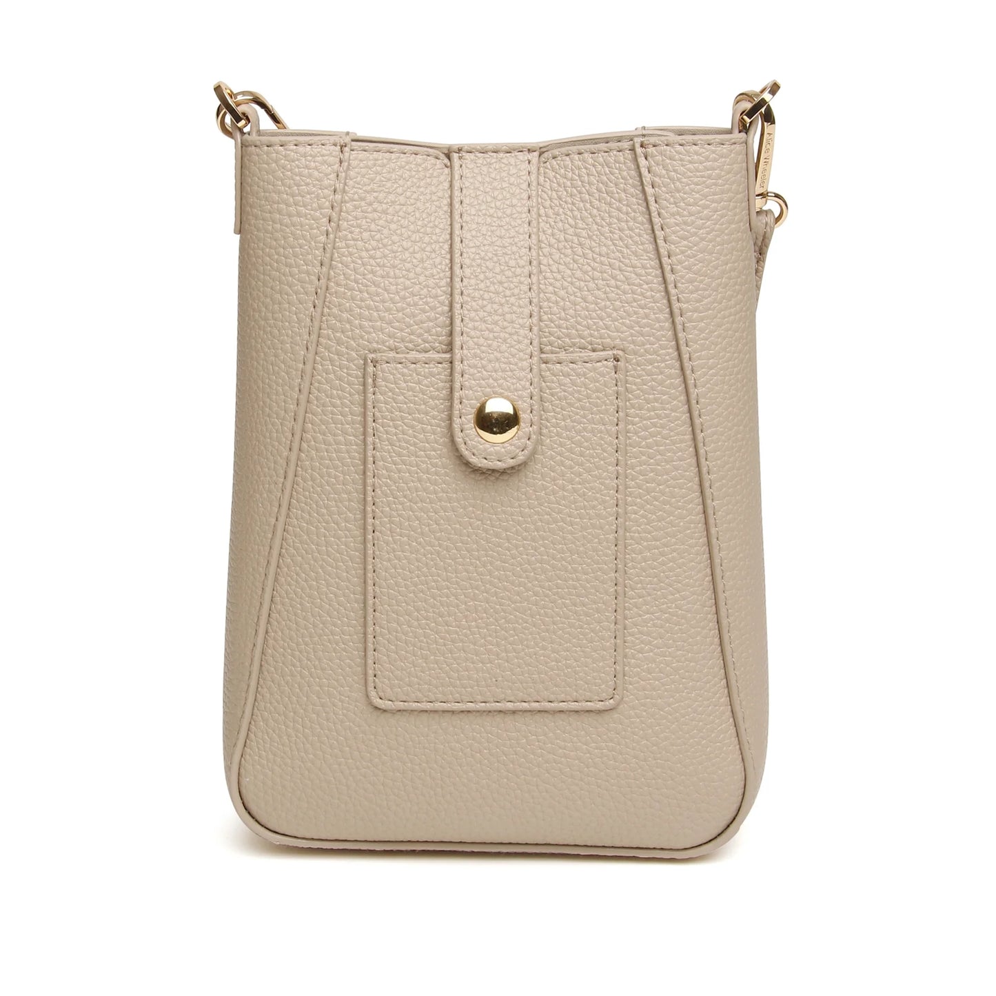 Stone colour phone crossbody bag in faux leather with flap over button closure and card pocket