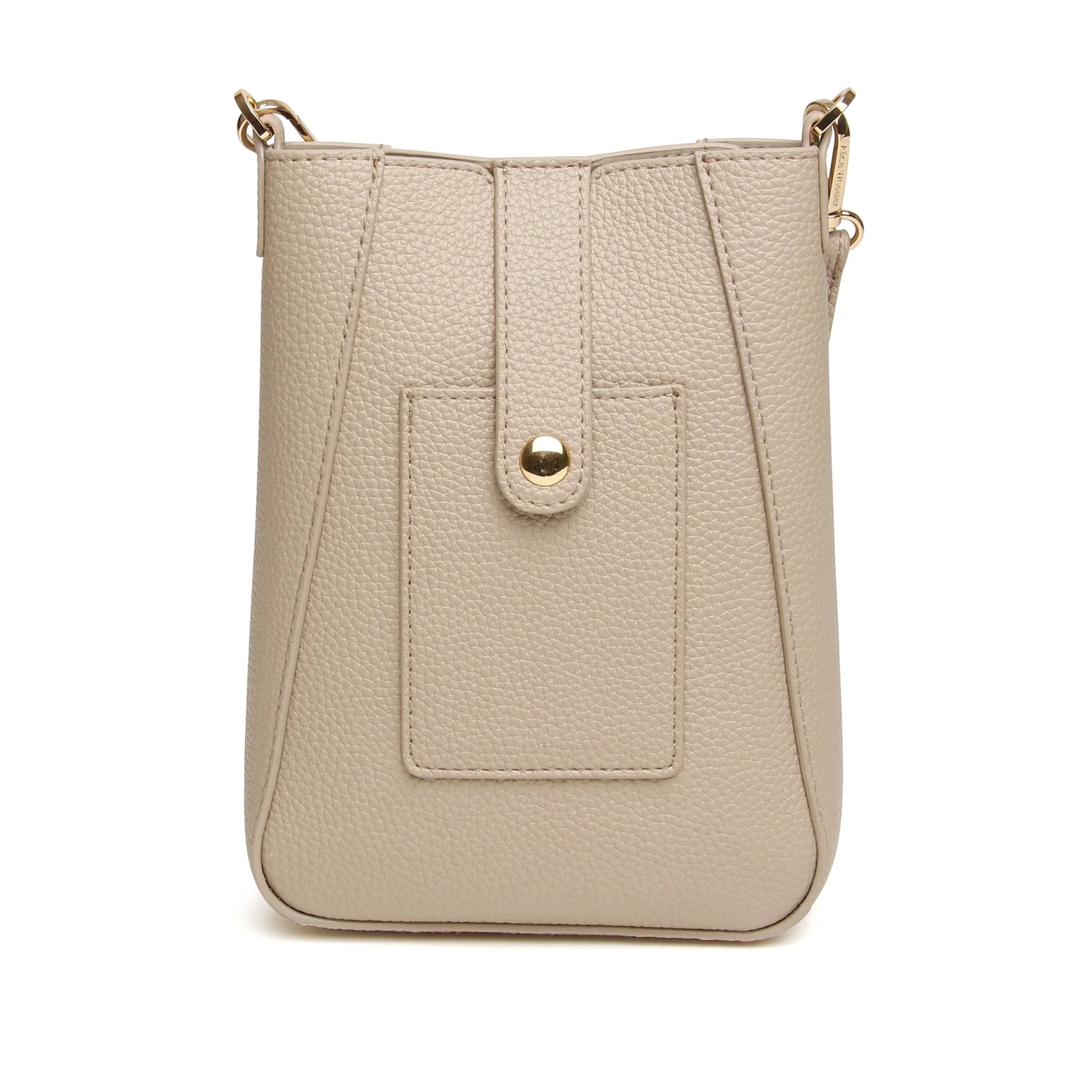 Stone colour phone crossbody bag in faux leather with flap over button closure and card pocket