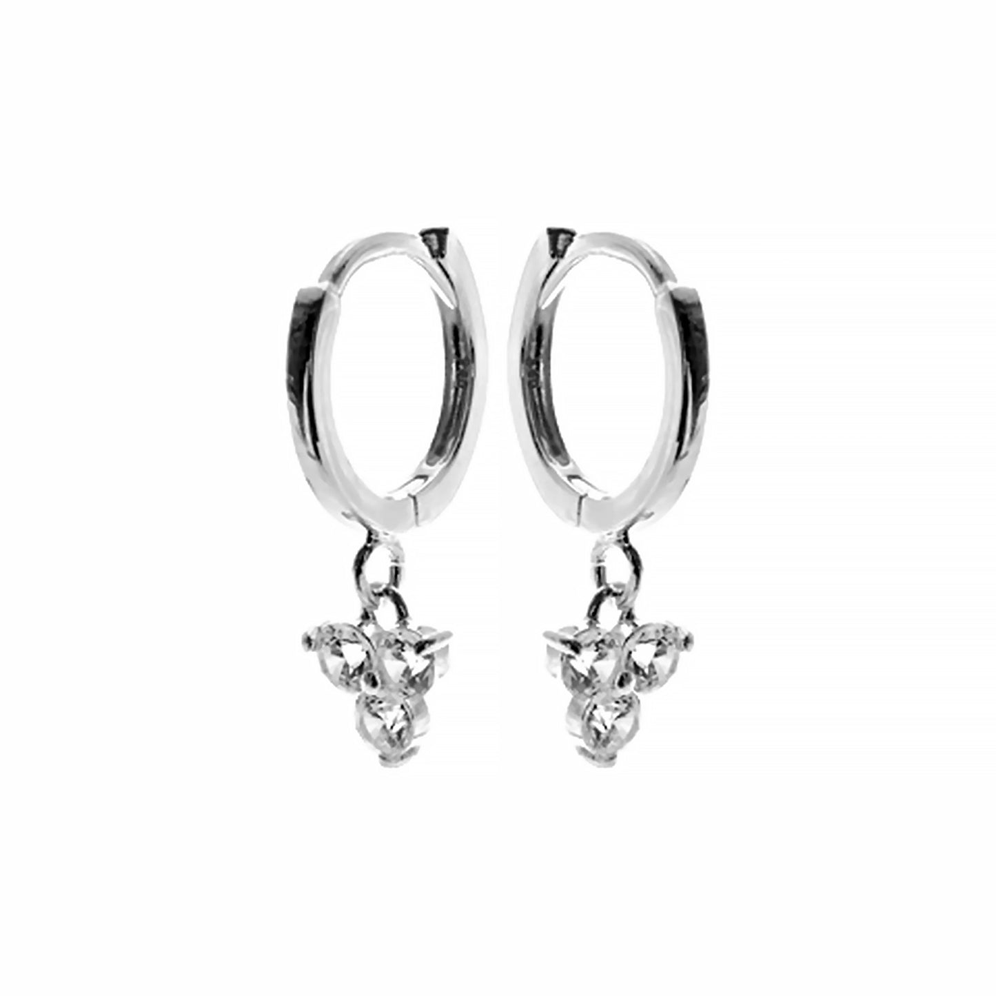 Silver huggie hoop earrings with three drop CZ stones 
