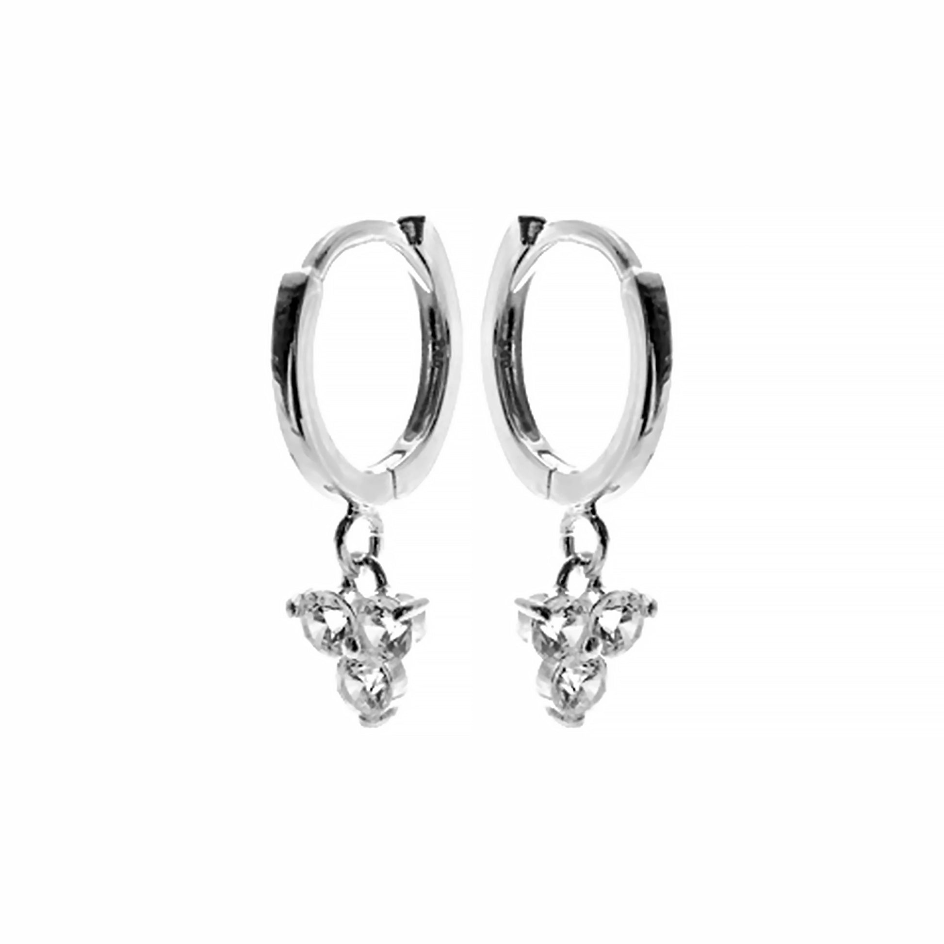 Silver huggie hoop earrings with three drop CZ stones 