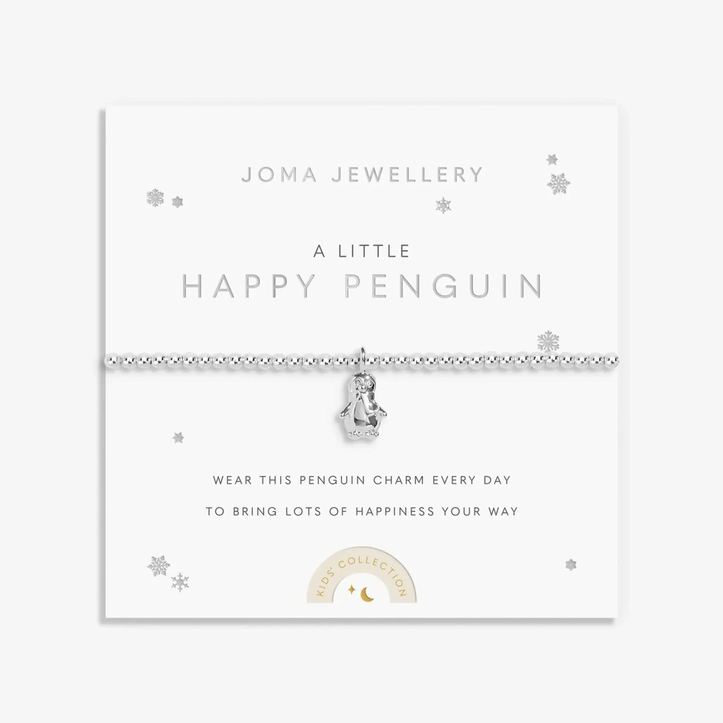 Kids silver beaded bracelet with penguin charm on sentiment card