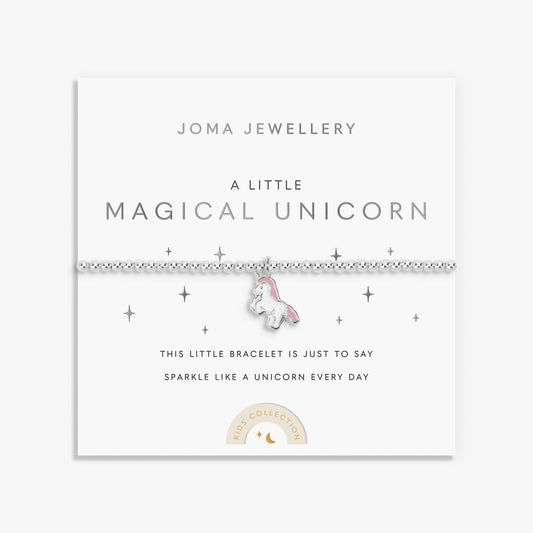 Joma kids silver beaded bracelet with pink and white enamel unicorn charm on a sentiment card - Magical Unicorn