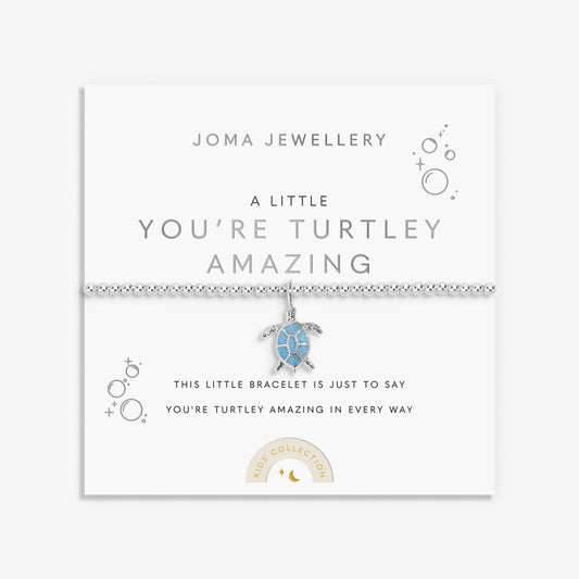 Joma kids silver beaded bracelet with glitter blue enamel turtle charm on a sentiment card - Turtley Amazing