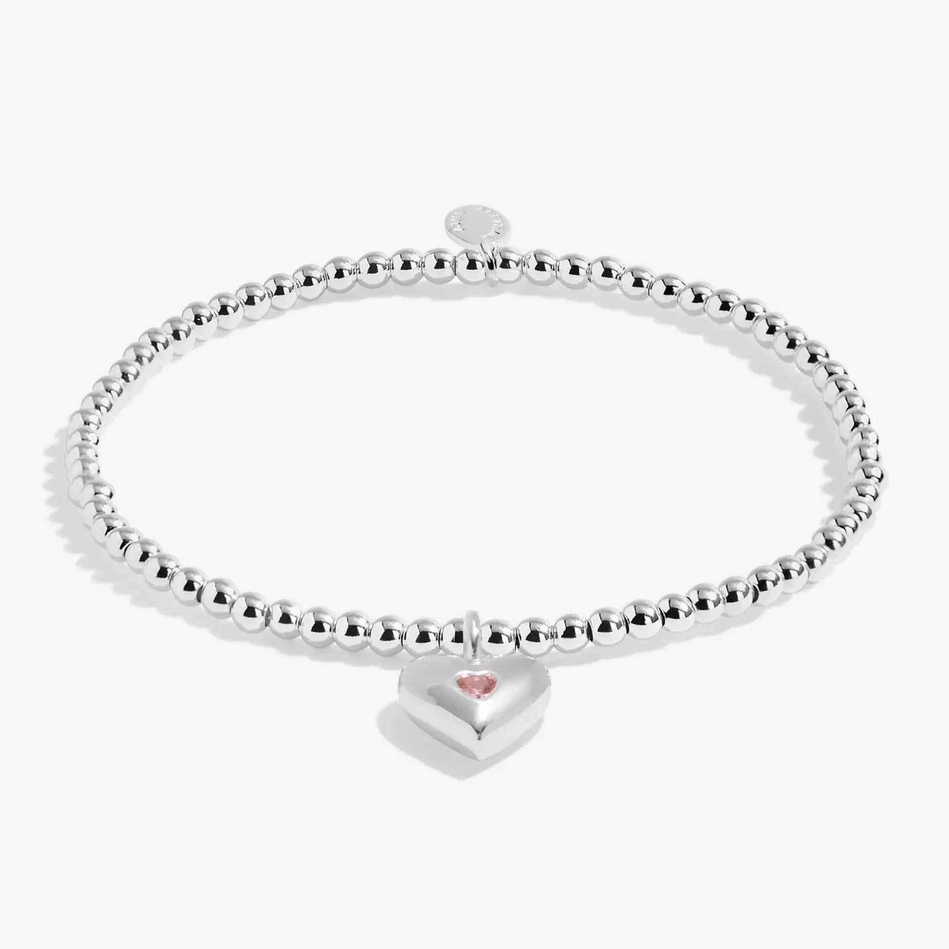 Kids silver beaded bracelet with heart and purple CZ stone charm