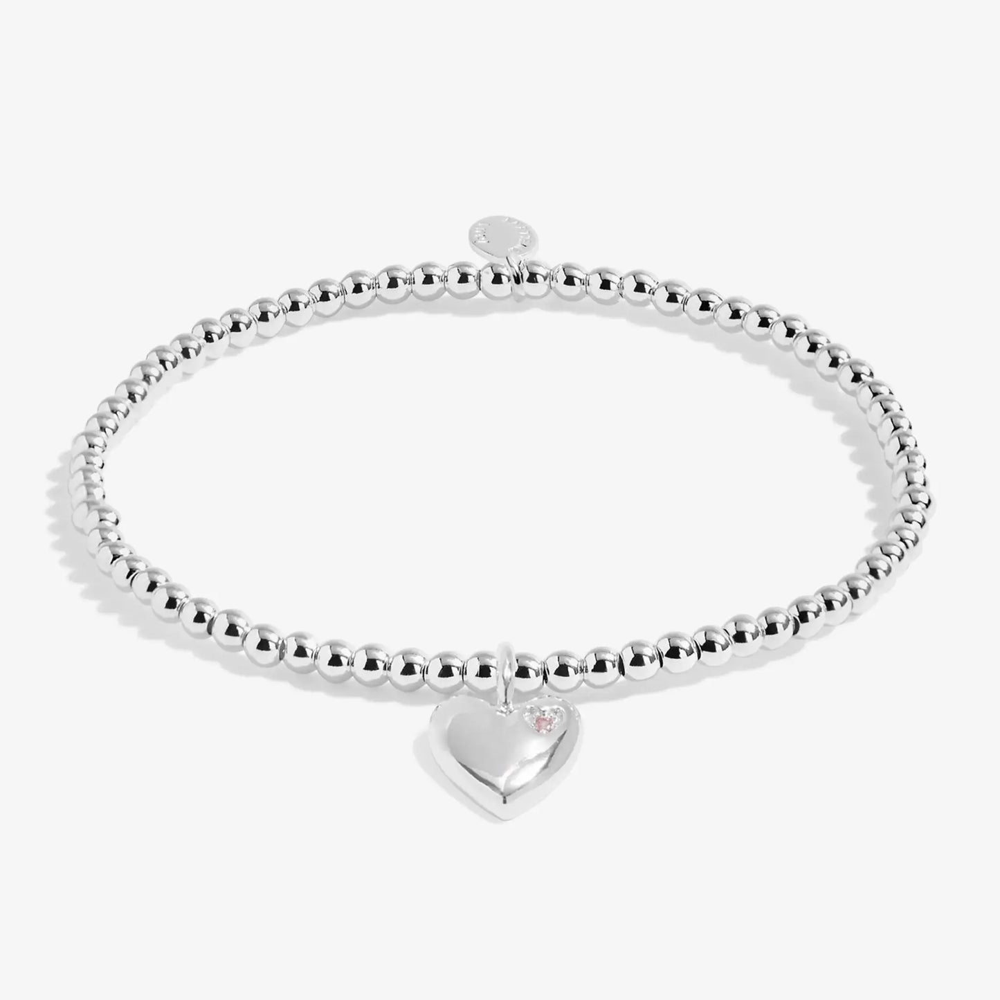 Kids silver beaded bracelet with heart charm set with purple CZ stone