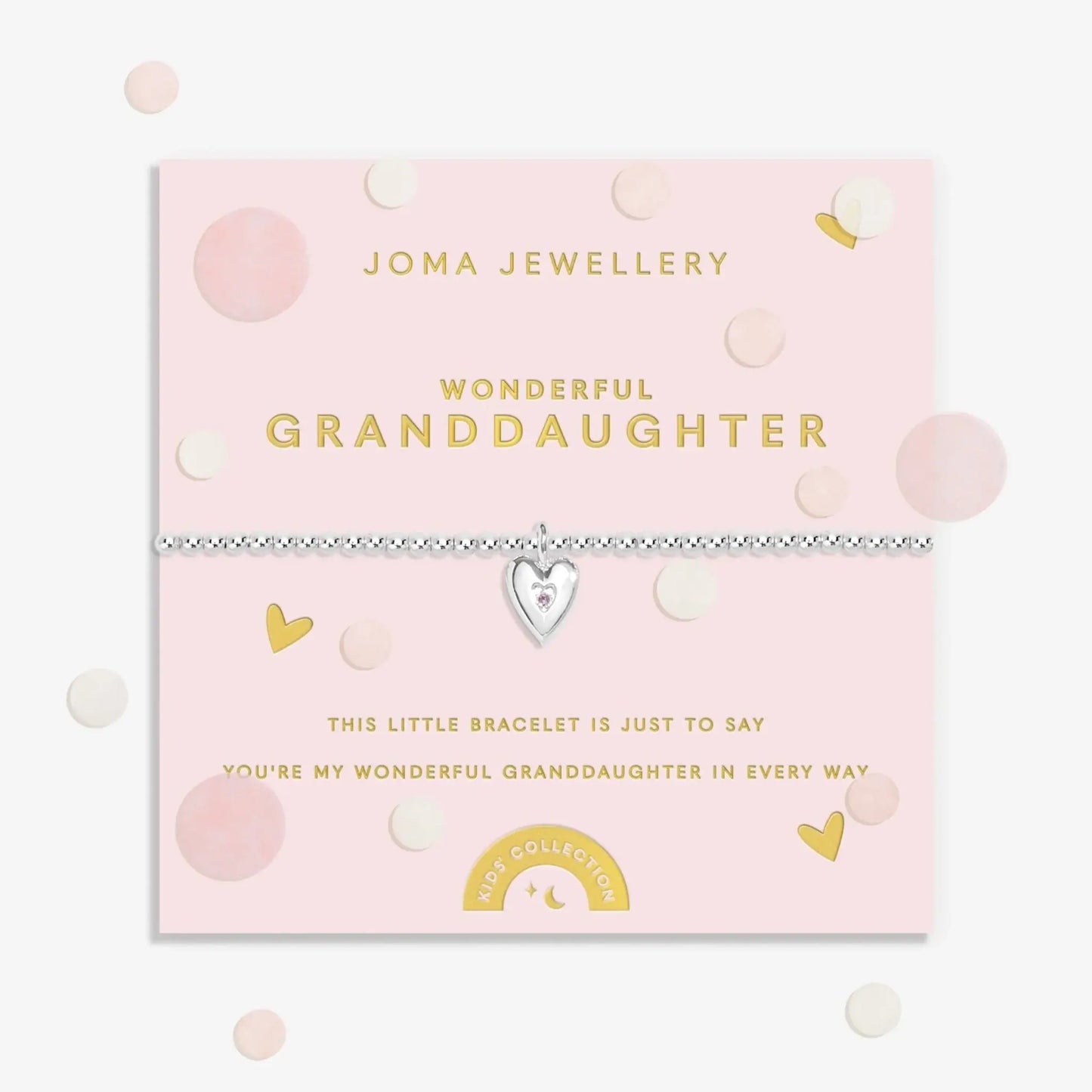 Kids silver beaded bracelet with silver heart set with purple CZ stone on sentiment card