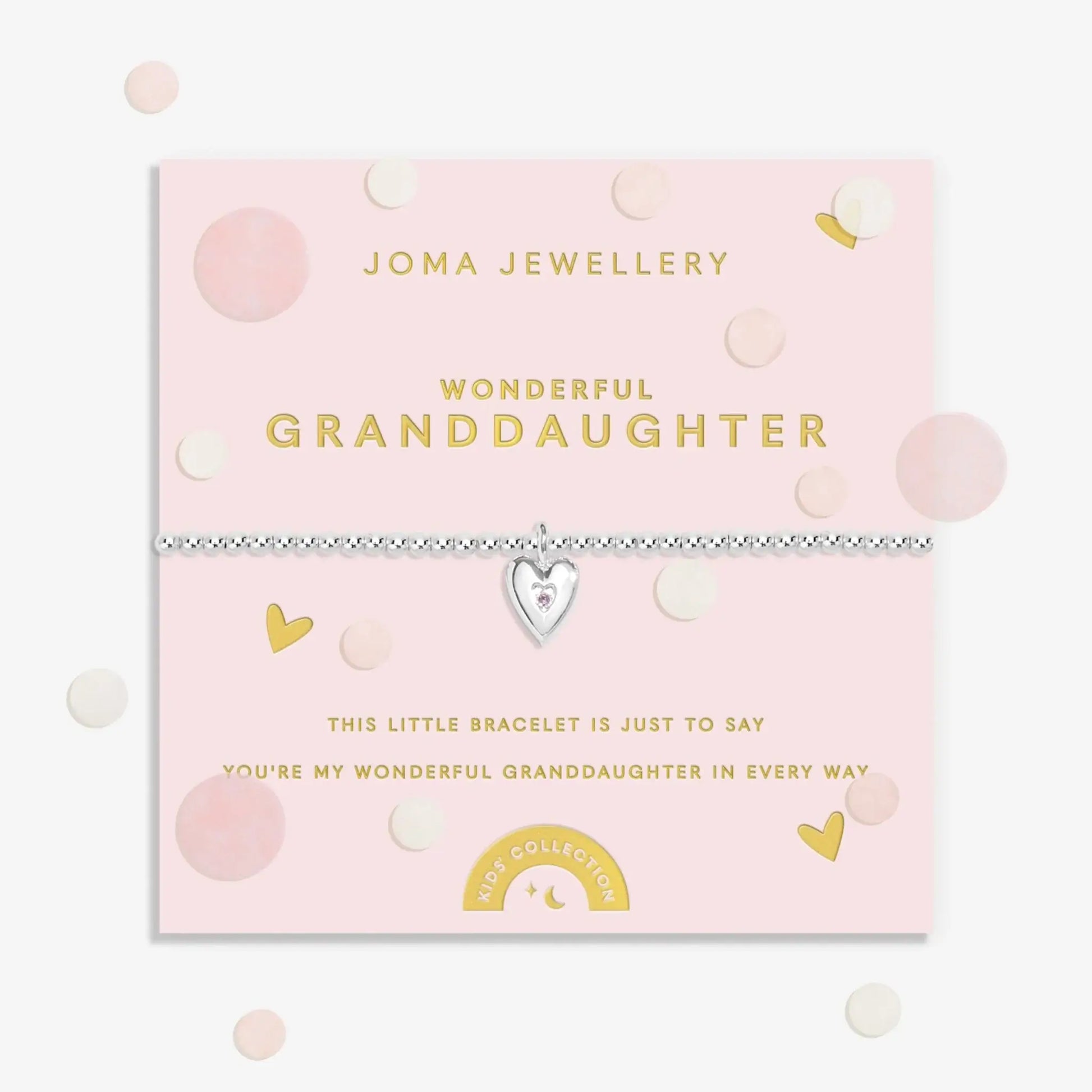 Kids silver beaded bracelet with silver heart set with purple CZ stone on sentiment card