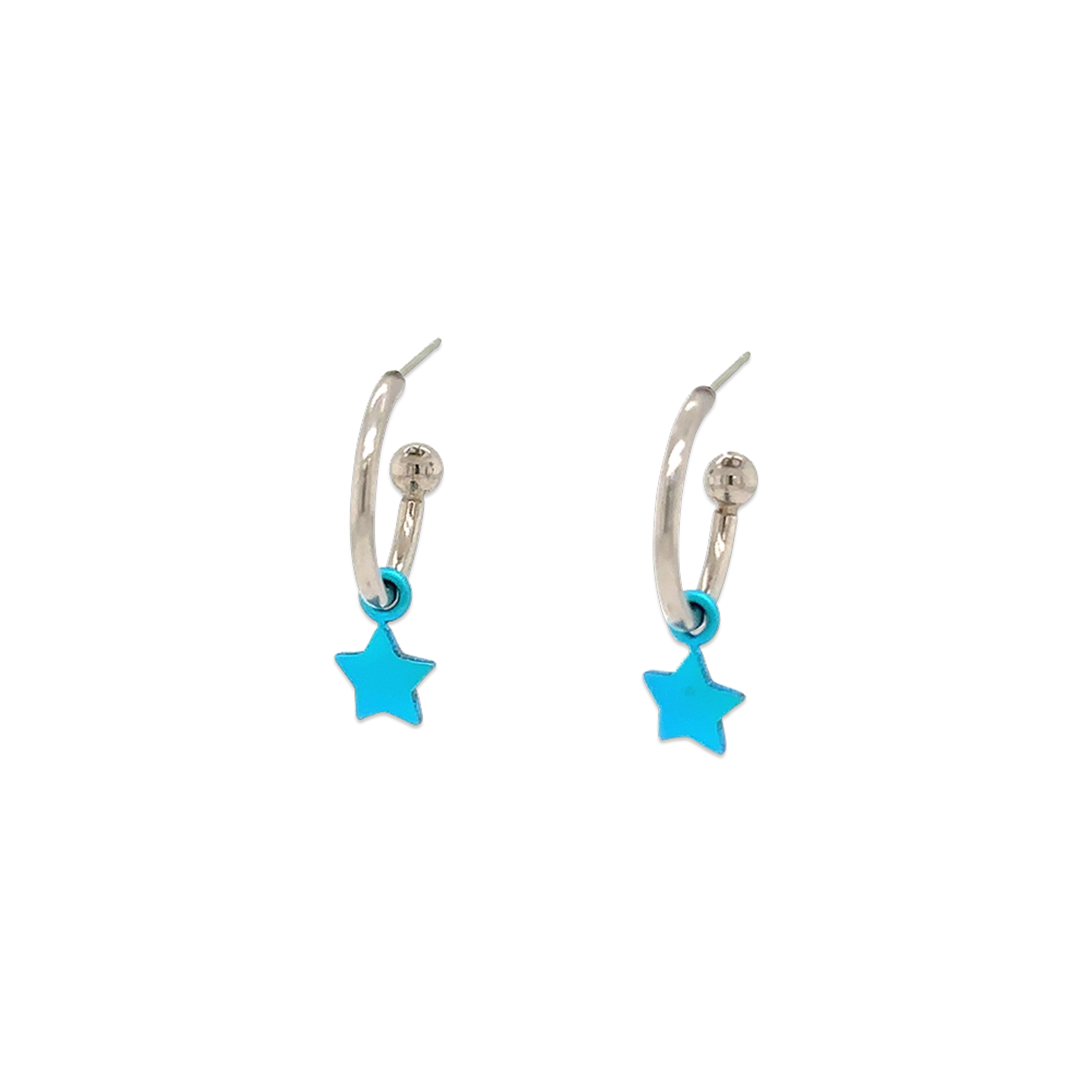 A pair of titanium hoop earrings in a steel colour with bright blue star shaped drops