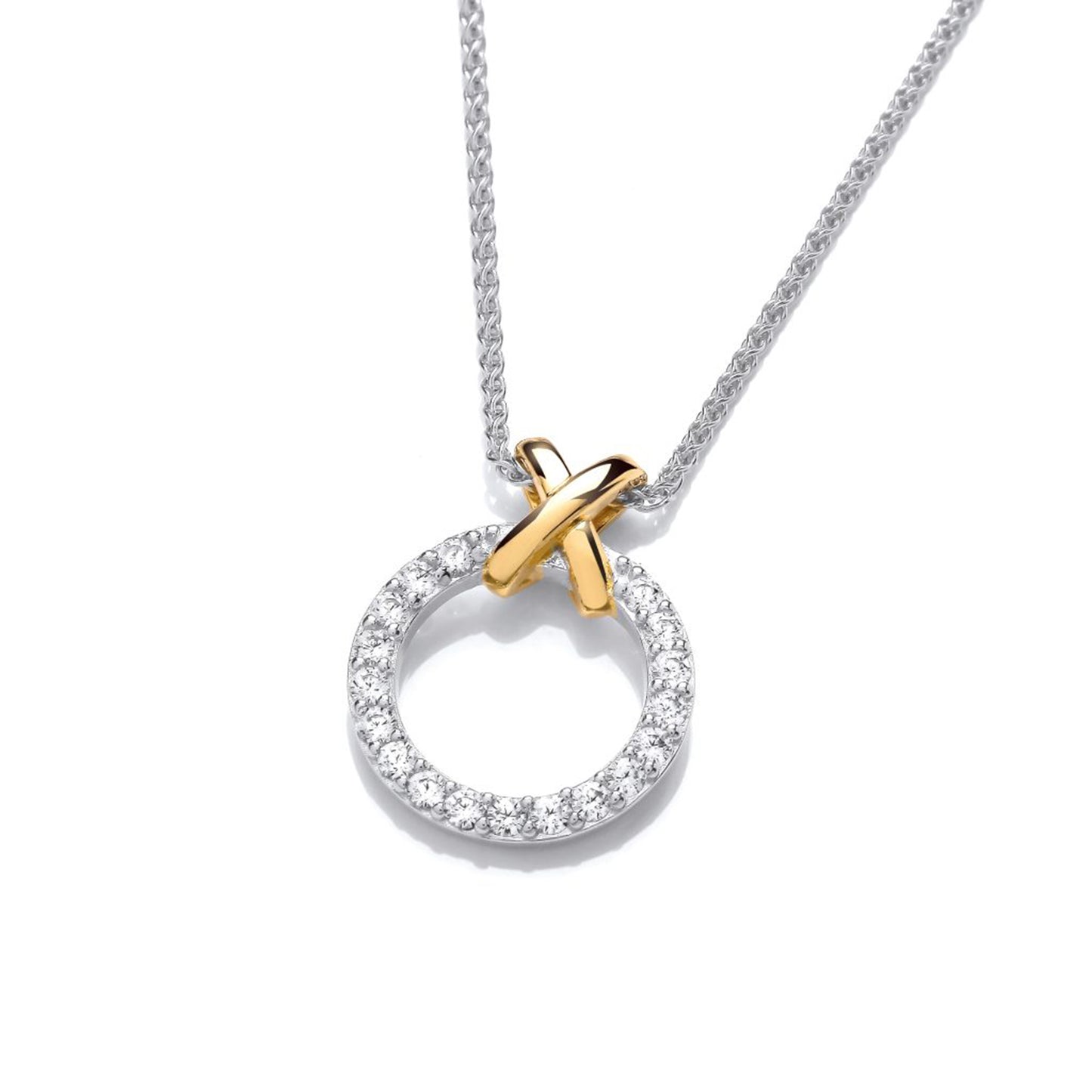 Silver pendant with silver chain and CZ set open circle and yellow gold cross on the bail