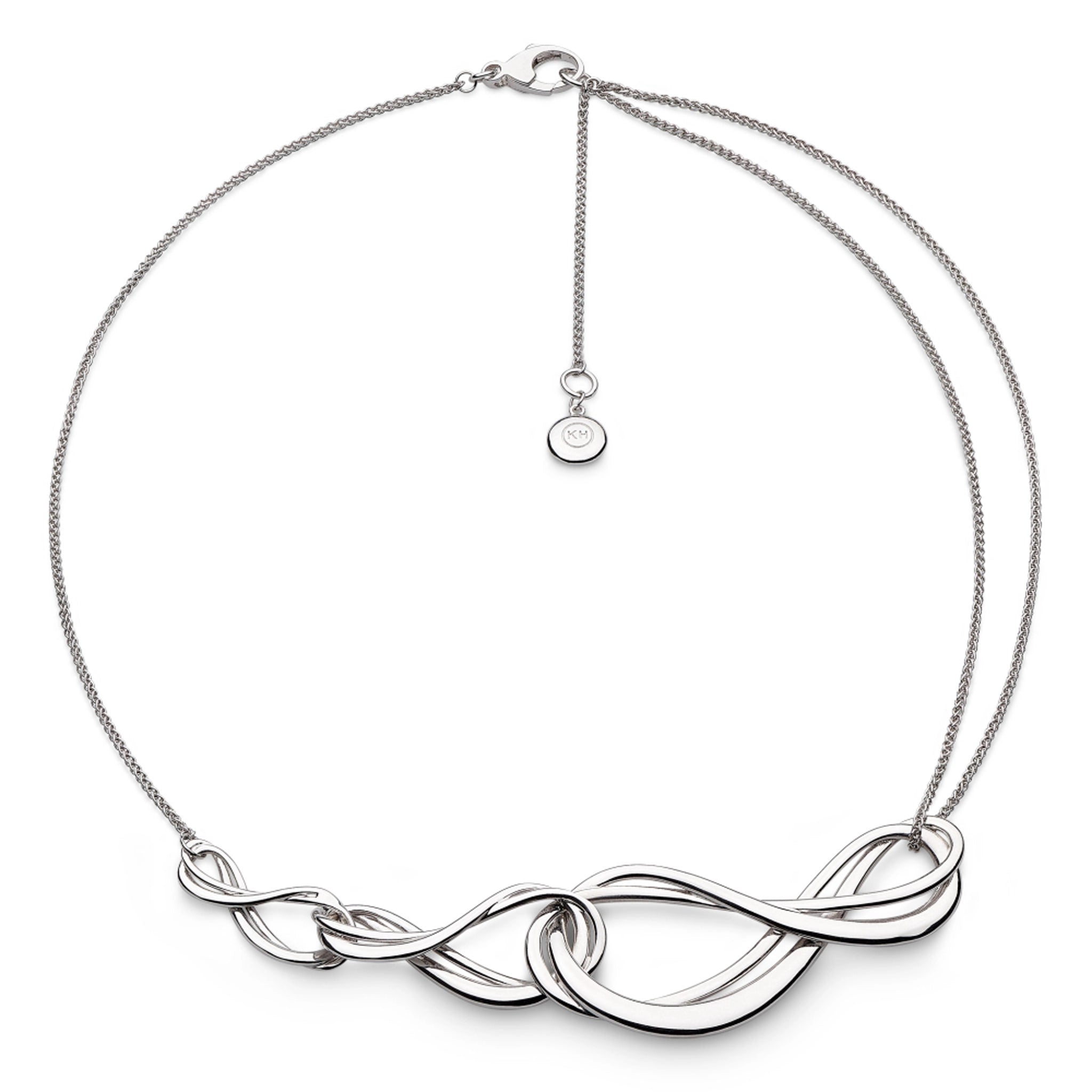 A silver double chain necklace with three interlocked infinity symbols