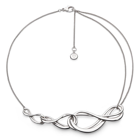 A silver double chain necklace with three interlocked infinity symbols