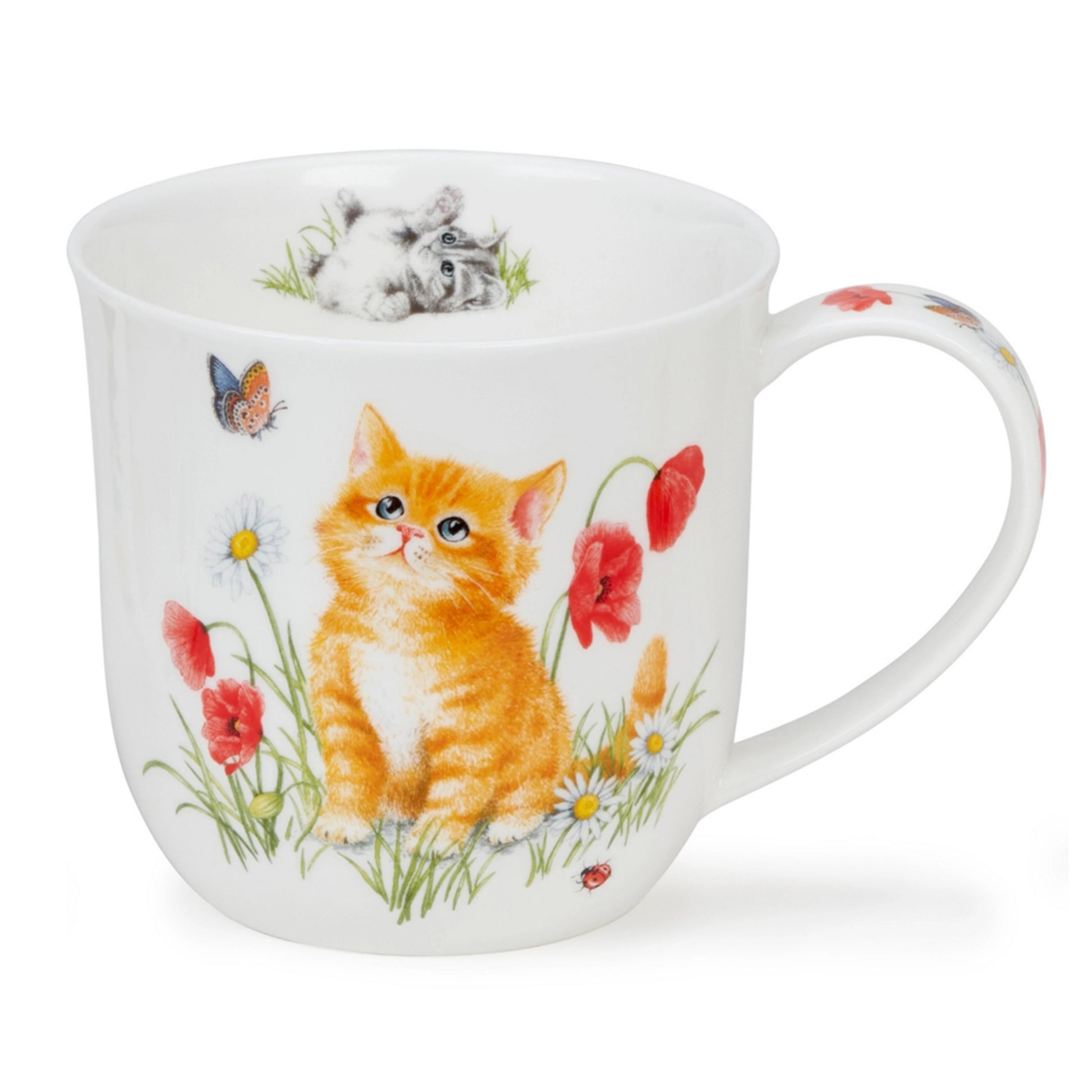 White mug with curved lip and bell shape featuring a design of kittens in poppy flowers