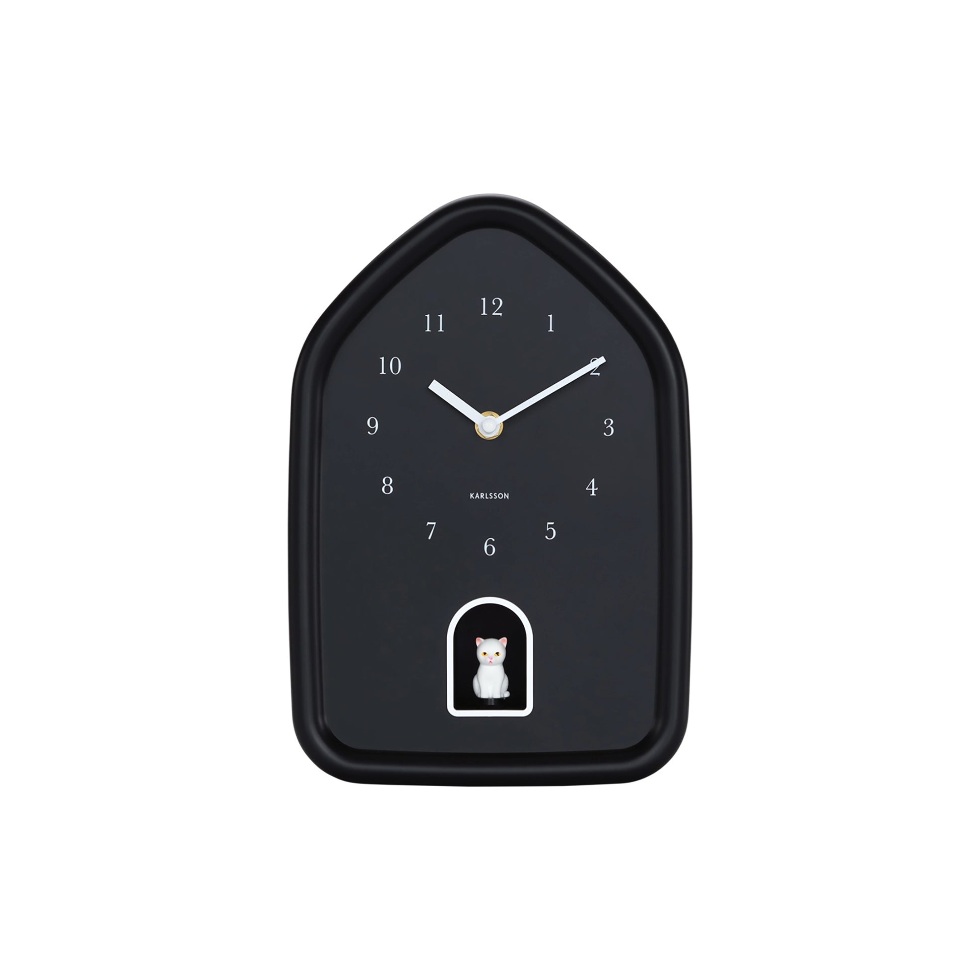 House shaped black cuckoo clock with white hands and white cat