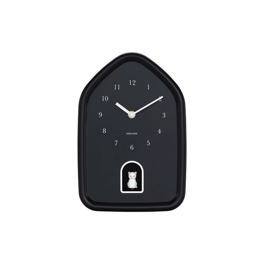House shaped black cuckoo clock with white hands and white cat