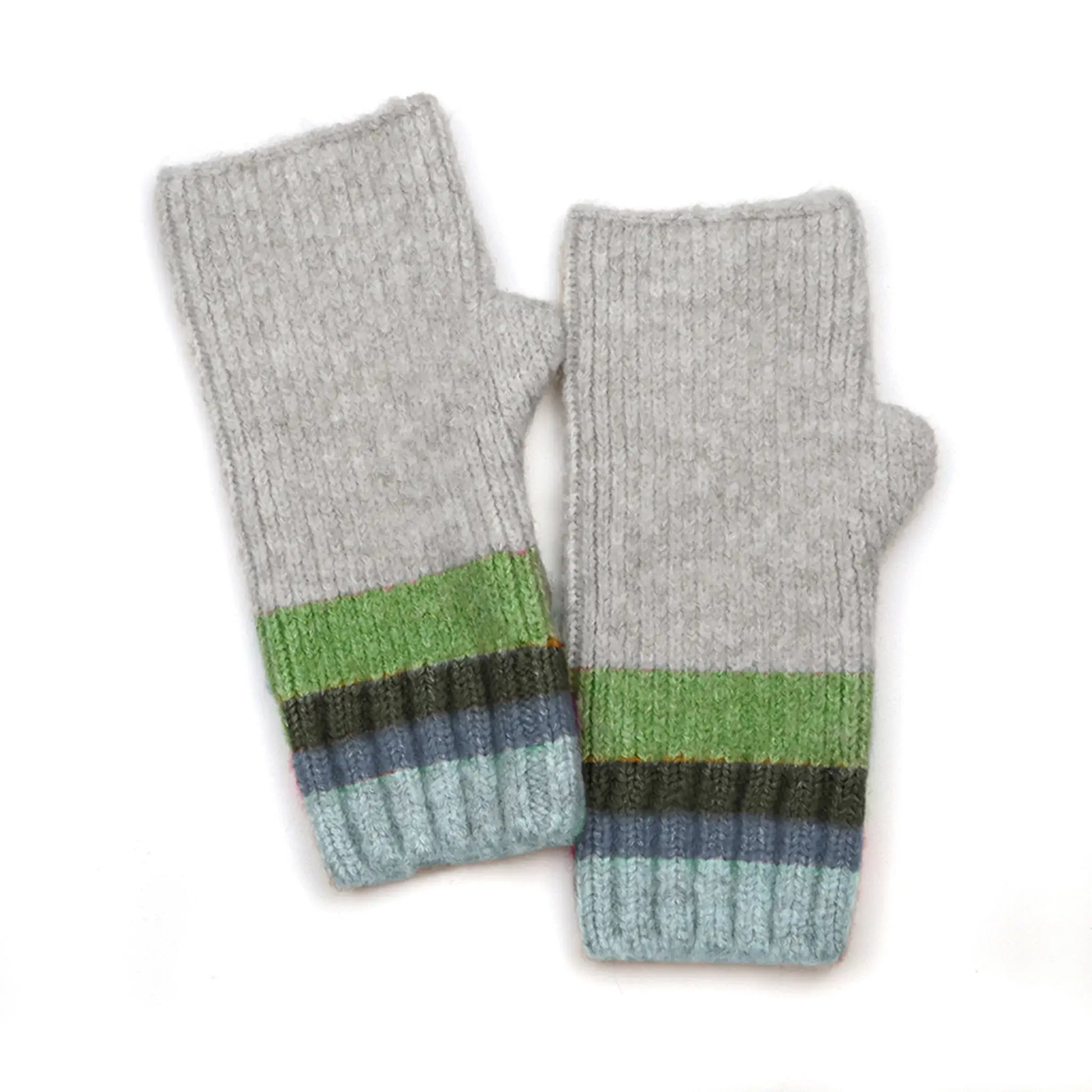 Pair of grey knitted fingerless gloves with ribbed striped cuffs in green and blue