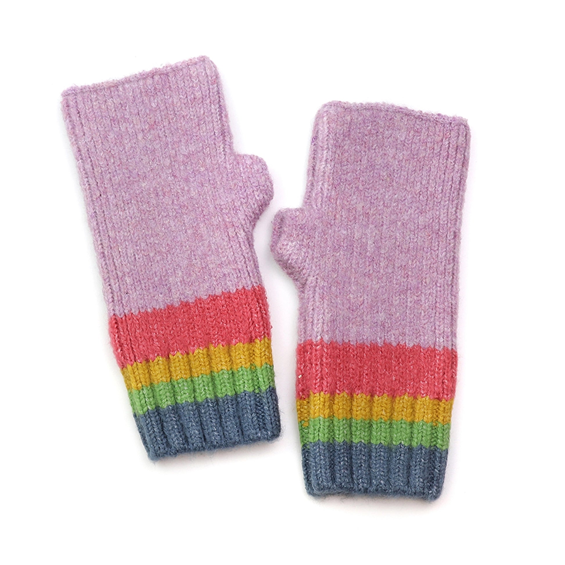 Lilac purple fingerless gloves with ribbed rainbow striped cuffs