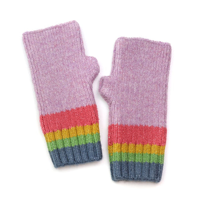 Lilac purple fingerless gloves with ribbed rainbow striped cuffs