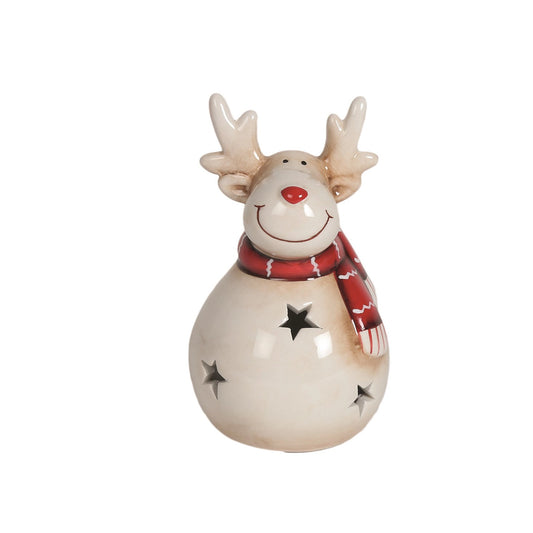 A ceramic light up LED reindeer ornament with red scarf and star shaped holes