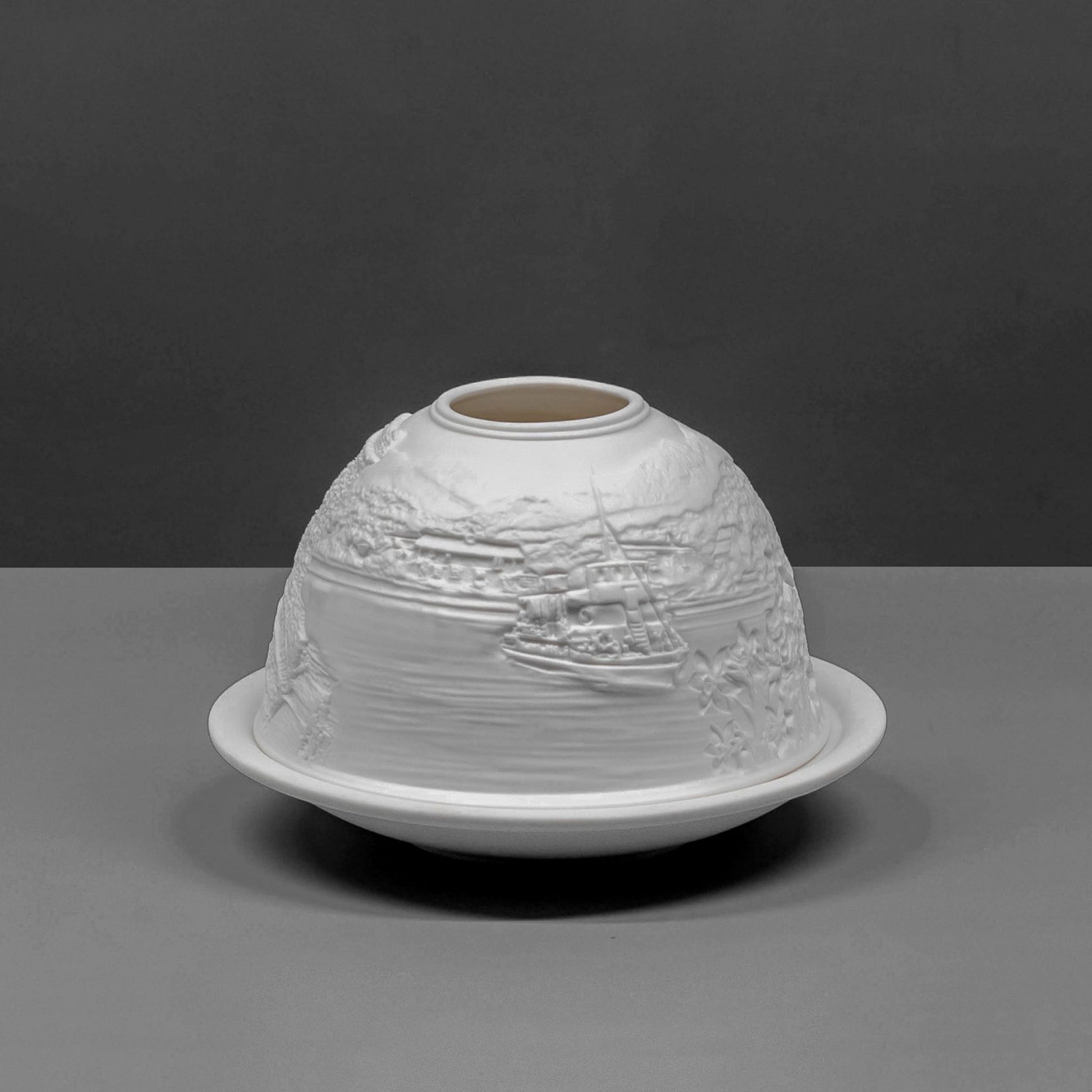 White porcelain tall dome candle holder with engraved Cumbria Lake District scene