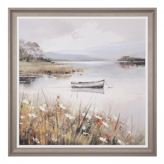 A framed print of a lake with a little fishing boat