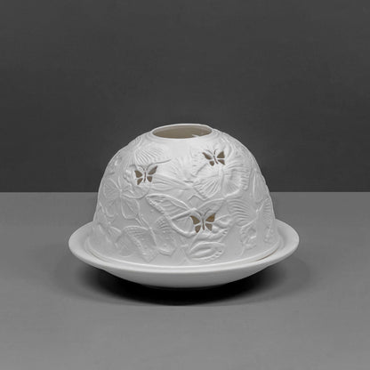 White porcelain tall dome candle holder with engraved butterfly design off