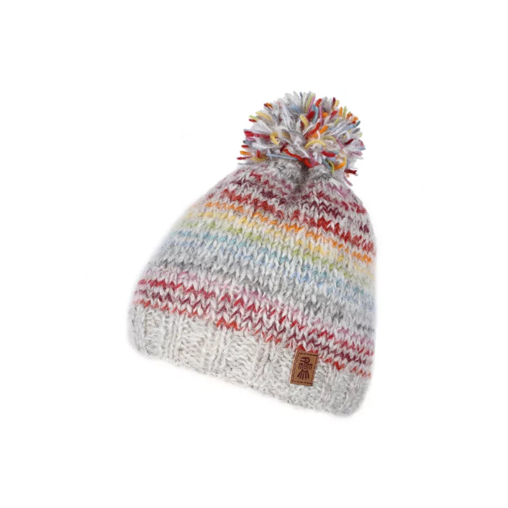 Knitted light grey hat with rainbow chevron stripes and pompom
