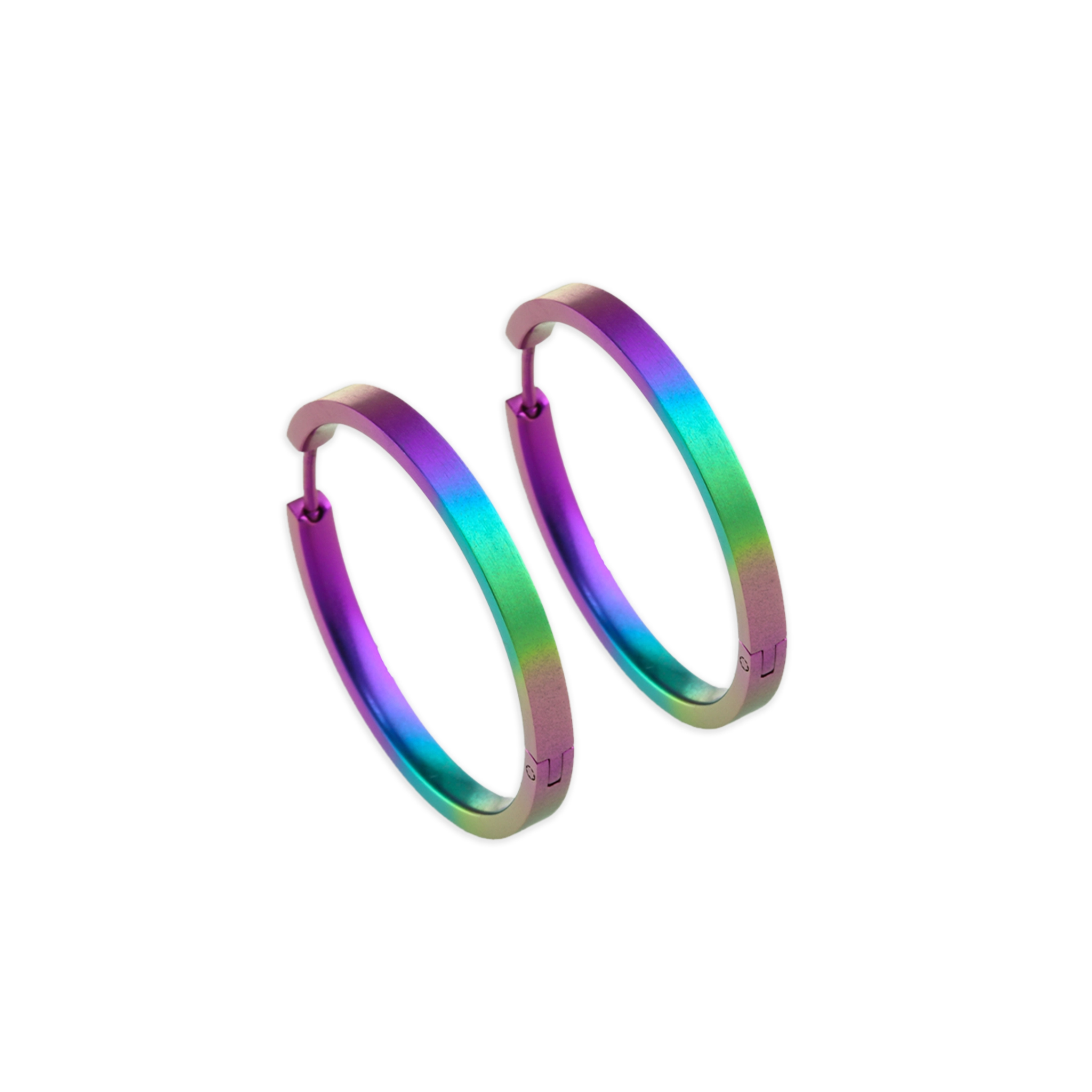 A pair of large flat hoop earrings in a rainbow ombre