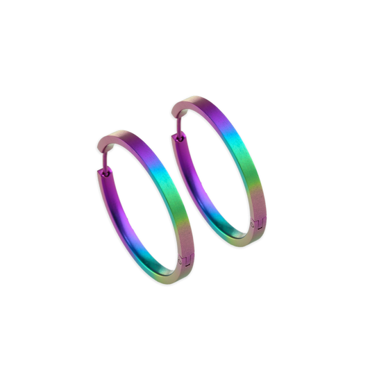 A pair of large flat hoop earrings in a rainbow ombre