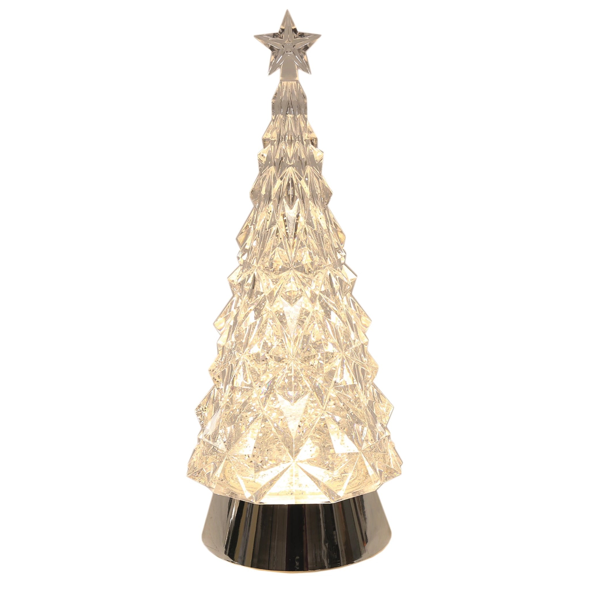 A tall chrome based acrylic Christmas tree with swirling glittery water inside and a warm light