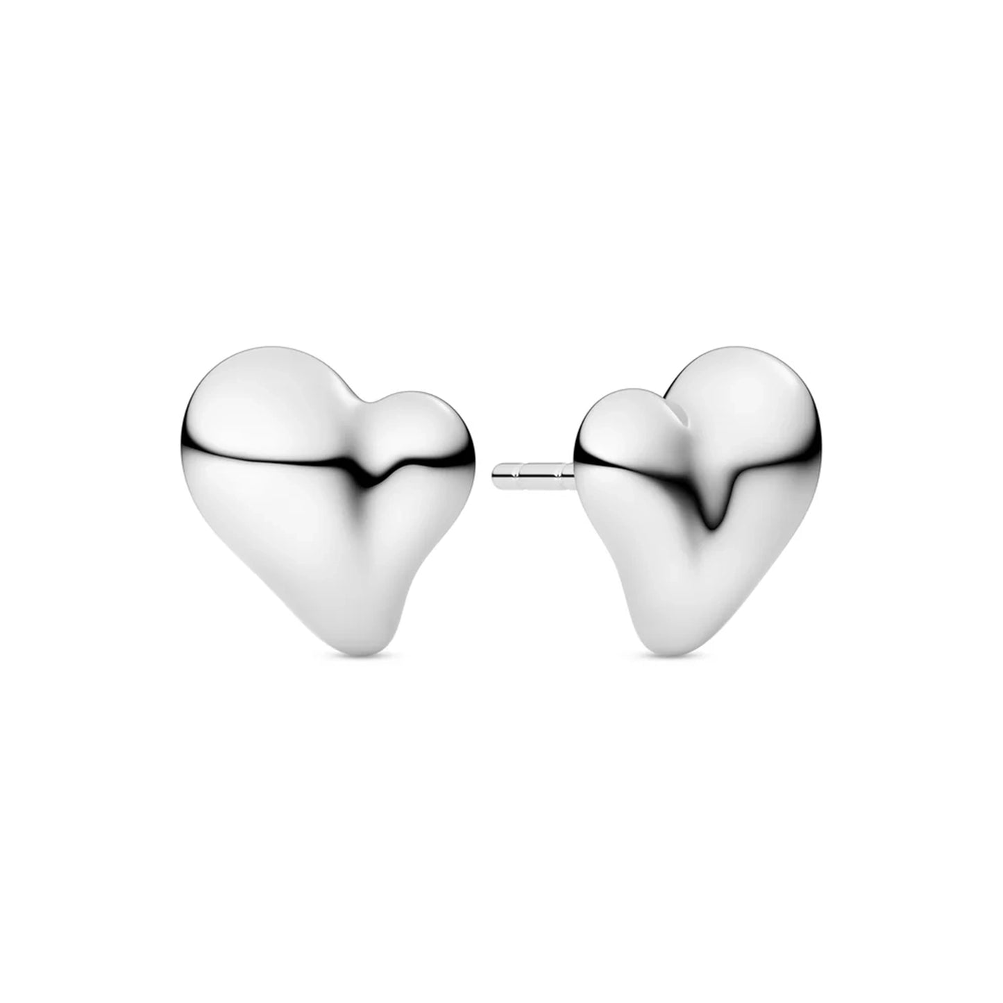 Silver stud earrings shaped like puffy asymmetrical hearts