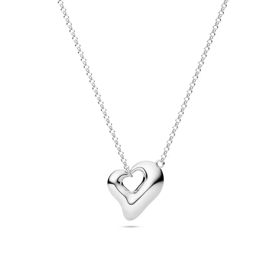 Silver necklace shaped like an open puffy asymmetrical heart on a silver chain