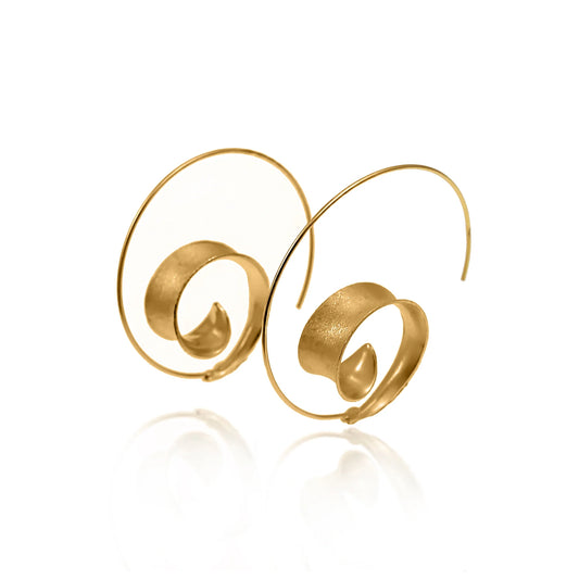 Satin finish gold spiral earrings with long hooks and curled leaf design