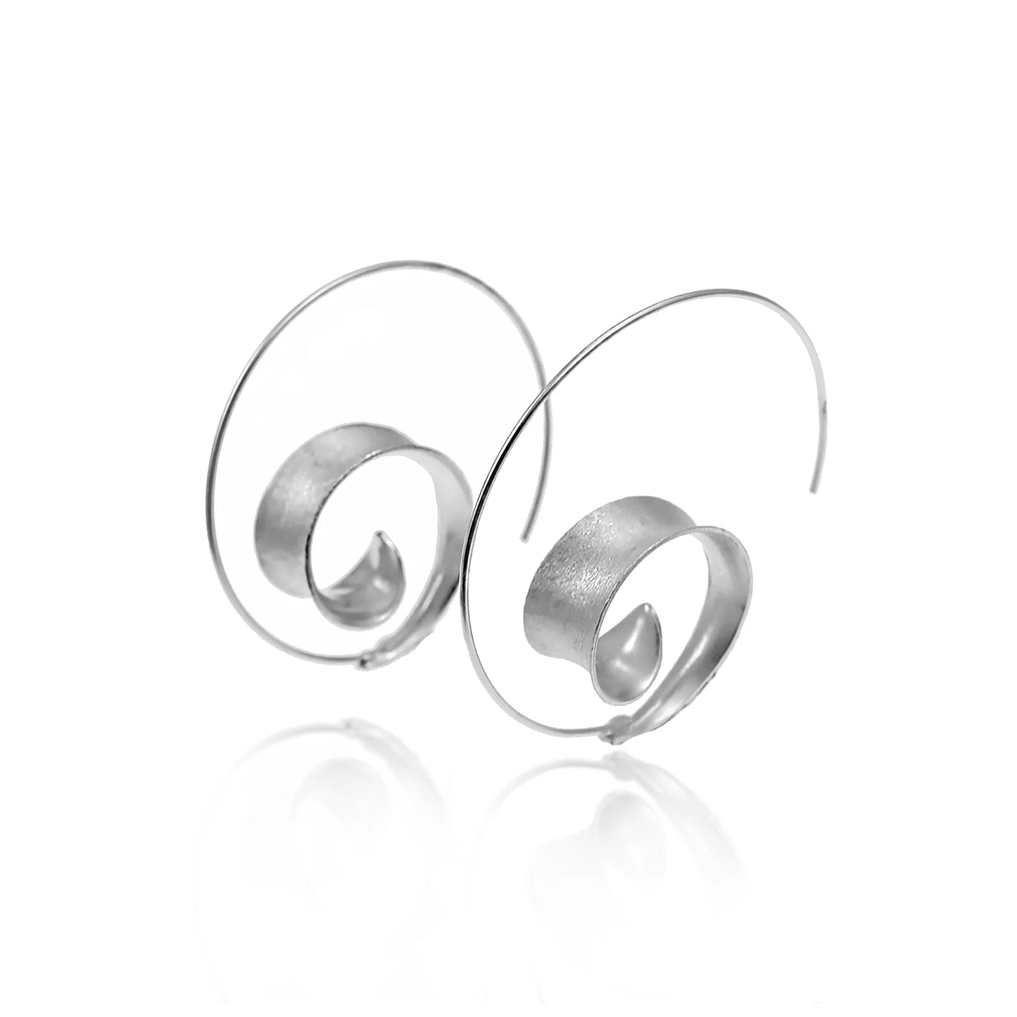 Satin finish silver spiral earrings with long hooks and curled leaf design