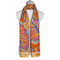 A scarf with a bright leaf pattern in blue, pink and orange