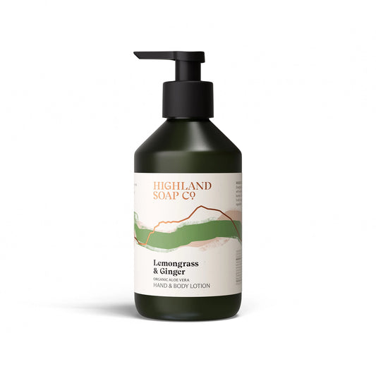 The Highland Soap Co. lemongrass and ginger scented hand and body lotion pump bottle