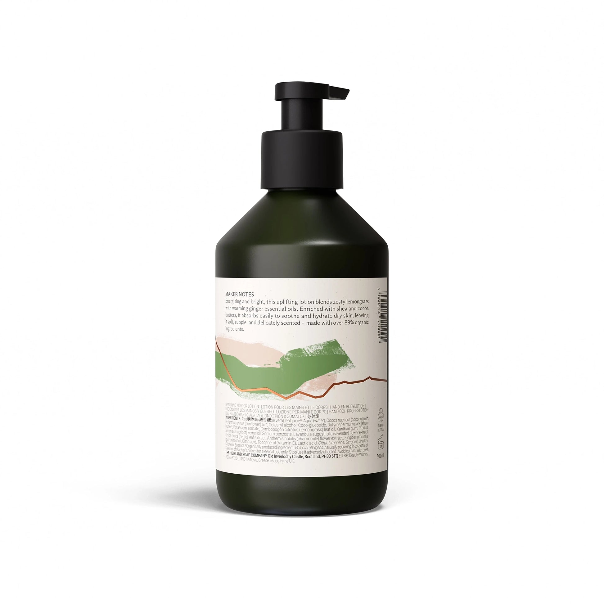 Back of Highland Soap Co. lemongrass and ginger scented hand and body lotion pump bottle with ingredient list
