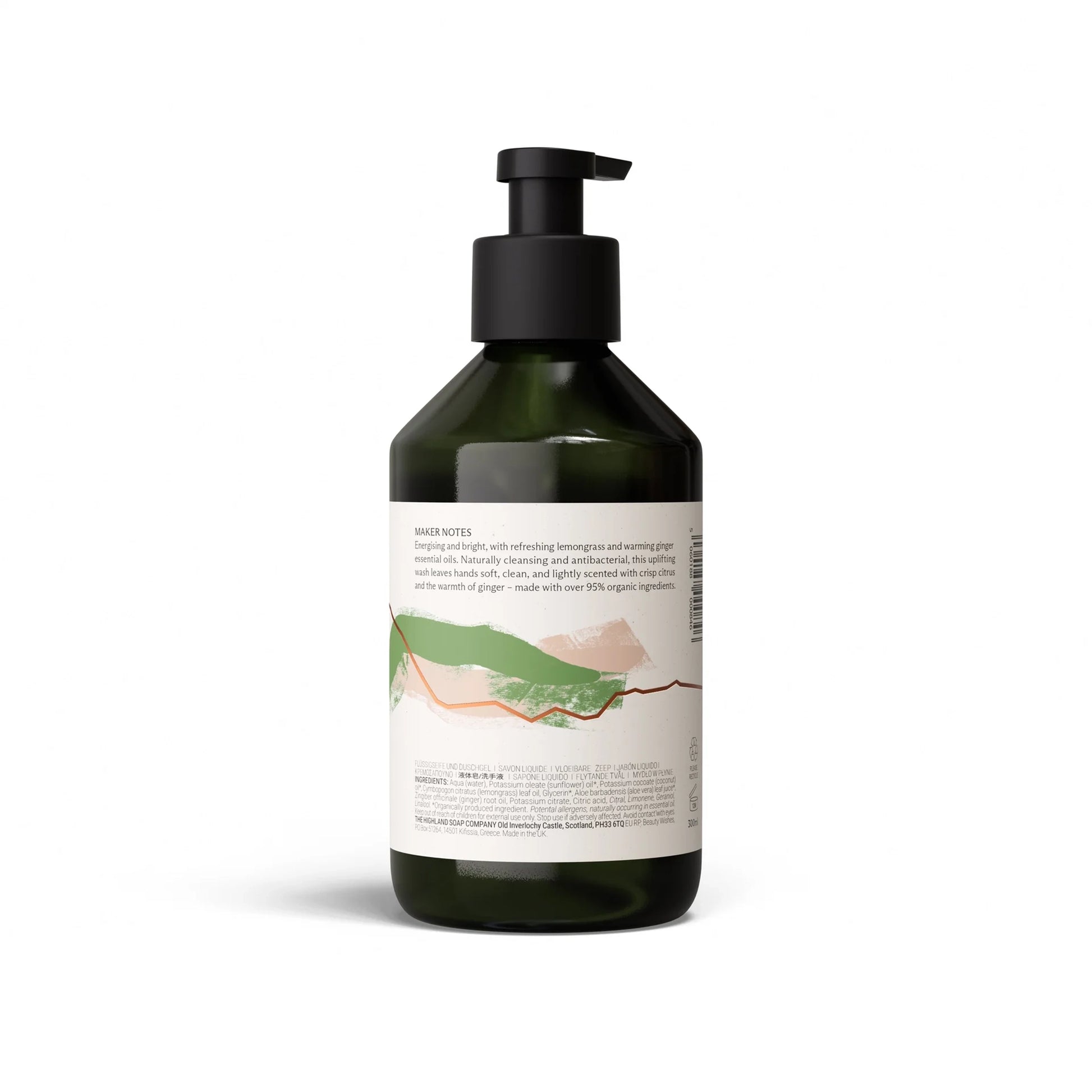 Back of Highland Soap Co. lemongrass and ginger scented liquid hand wash pump bottle with ingredient list