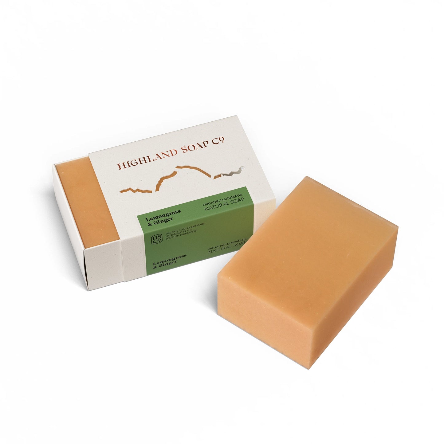 Highland Soap Co. lemongrass and ginger scented soap bar in box packaging