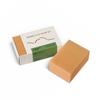 Highland Soap Co. lemongrass and ginger scented soap bar in box packaging