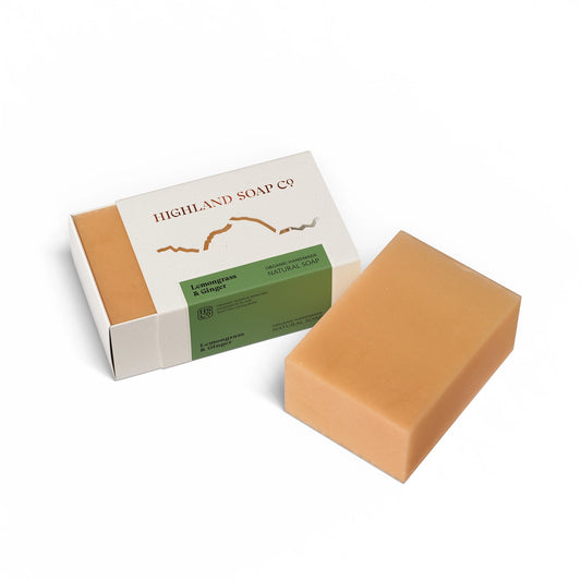 Highland Soap Co. lemongrass and ginger scented soap bar in box packaging