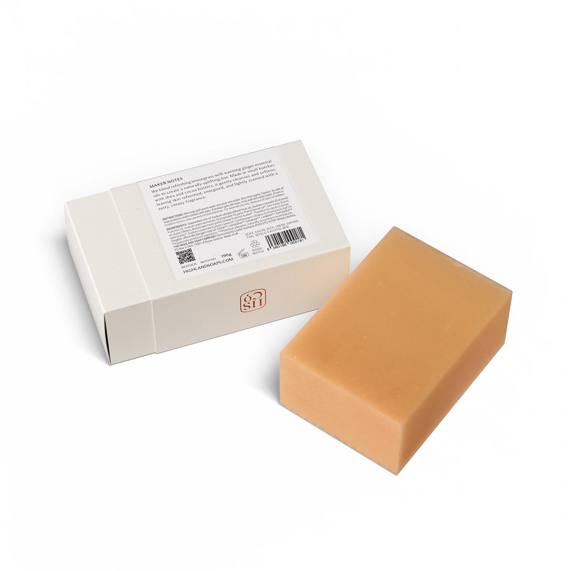 Back of Highland Soap Co. lemongrass and ginger scented soap bar in a box with ingredient list